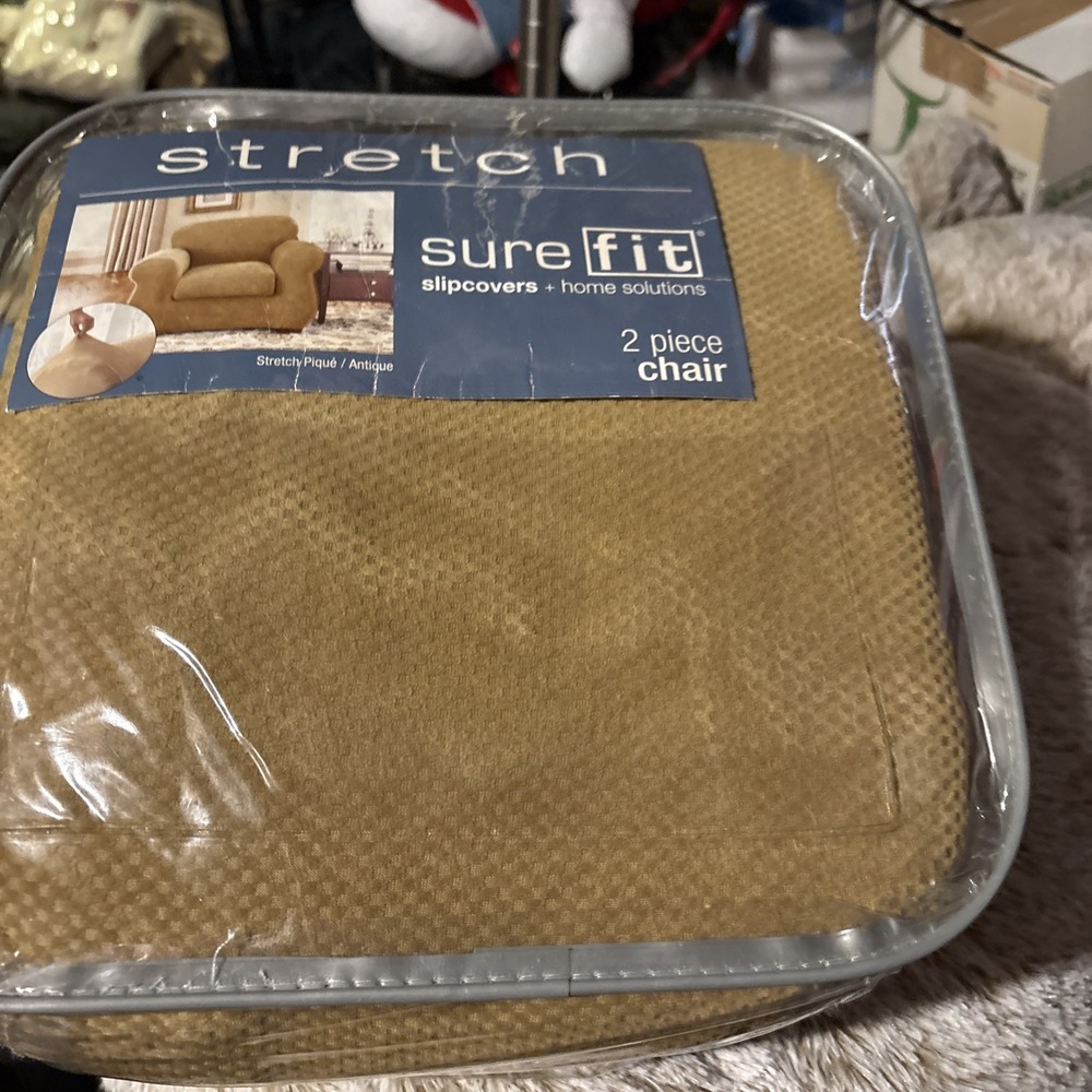 Sure Fit 2 Piece Chair Stretch Pique Slipcover Gold Antique Furniture Cover NEW